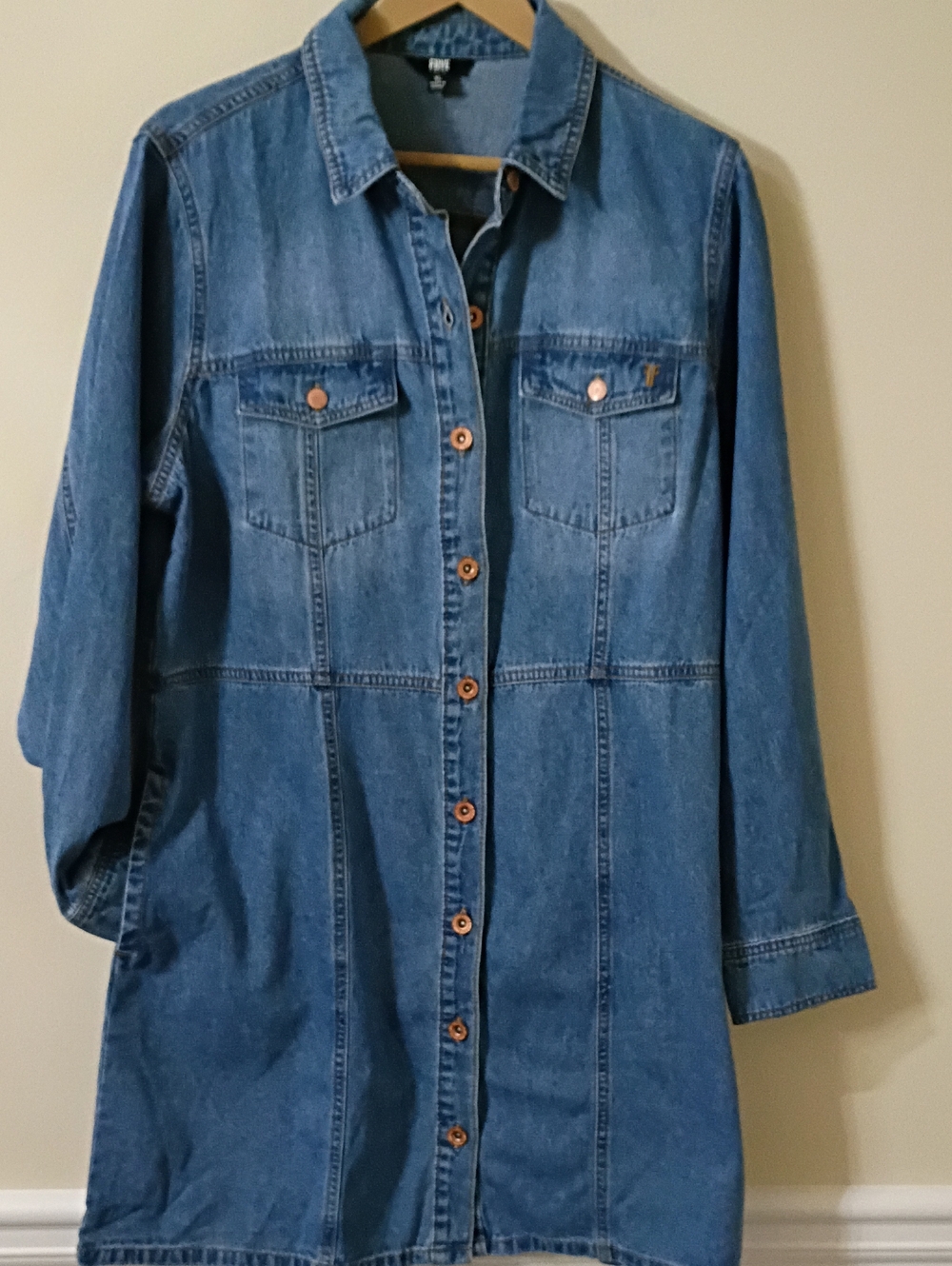 Frye Denim Button Front Dress XL 100% Cotton Medium Blue Knee Length w Pockets